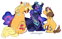 Size: 1612x1023 | Tagged: safe, artist:eqq_scremble, derpibooru exclusive, applejack, caramel, princess luna, alicorn, earth pony, pony, alternate design, alternate universe, bisexual, carameluna, caramelunajack, colored hooves, crown, female, freckles, jewelry, lesbian, lunajack, lying down, male, mare, polyamory, regalia, sad, shipping, simple background, sitting, soul bond au, soulmate marks, stallion, straight