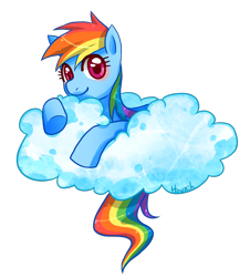 Size: 1332x1474 | Tagged: safe, artist:howzih, rainbow dash, pegasus, pony, blue coat, cloud, female, mare, multicolored mane, solo