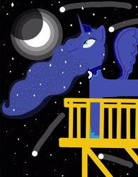 Size: 1491x1916 | Tagged: safe, artist:rainbow dash is best pony, princess luna, alicorn, pony, balcony, black background, comet, crown, ethereal mane, eyeshadow, full moon, hoof shoes, jewelry, makeup, moon, necklace, night, regalia, shooting stars, simple background, smiling, spread wings, starry mane, starry sky, stars, wings