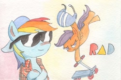 Size: 1781x1178 | Tagged: safe, artist:infinitebadness, rainbow dash, scootaloo, pegasus, pony, bipedal, clothes, hat, scooter, sunglasses, traditional art