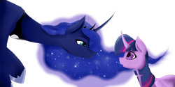 Size: 1366x685 | Tagged: safe, artist:saphi-boo, princess luna, twilight sparkle, twilight sparkle (alicorn), alicorn, pony, curved horn, duo, ethereal mane, female, horn, jewelry, long neck, looking at each other, mare, princess luneck, raised hoof, regalia, simple background, size difference, smiling, starry mane, transparent background