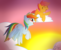 Size: 2400x2000 | Tagged: safe, artist:drawntildawn, rainbow dash, scootaloo, pegasus, pony, cloud, cloudy