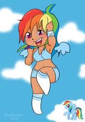 Size: 1396x2000 | Tagged: safe, artist:fluffikitten, rainbow dash, human, belly button, breasts, chibi, cleavage, cute, female, humanized, midriff