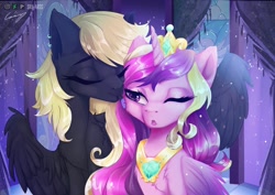 Size: 1280x906 | Tagged: safe, artist:srk-arts, princess cadance, oc, alicorn, pegasus, pony, bust, canon x oc, crown, digital art, eyes closed, female, jewelry, lesbian, licking, mare, one eye closed, regalia, shipping, tongue out