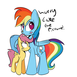 Size: 1280x1280 | Tagged: safe, artist:turtlefarminguy, rainbow dash, scootaloo, pegasus, pony, bandaid, camera, female, filly, foal, mare, scootalove, tongue out