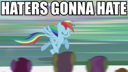 Size: 599x337 | Tagged: safe, screencap, rainbow dash, pegasus, pony, blue coat, female, haters gonna hate, mare, meme, multicolored mane, solo