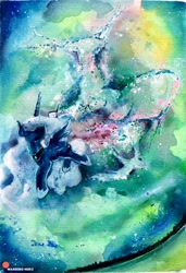 Size: 2297x3360 | Tagged: safe, artist:mashiromiku, princess luna, alicorn, pony, galaxy, hoof shoes, patreon, patreon logo, traditional art, watercolor painting