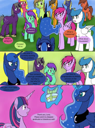 Size: 1000x1345 | Tagged: safe, artist:emilou1985, princess luna, twilight sparkle, twilight sparkle (alicorn), oc, alicorn, earth pony, pegasus, pony, unicorn, comic:signs, female, magic, mare