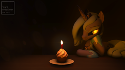 Size: 3840x2160 | Tagged: safe, artist:ventious, artist:wst-creations, princess luna, alicorn, pony, 3d, 4k, alone, birthday, candle, cupcake, dark, female, food, frown, happy birthday to me, lonely, mare, recreation, s1 luna, sad, solo, source filmmaker