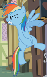 Size: 598x966 | Tagged: safe, screencap, rainbow dash, pegasus, pony, season 2, the mysterious mare do well, eyes closed, flying, out of context, solo