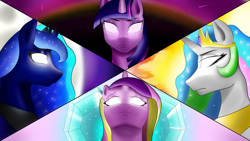 Size: 3840x2160 | Tagged: safe, artist:flaxen's art corner, princess cadance, princess celestia, princess luna, twilight sparkle, twilight sparkle (alicorn), alicorn, pony, 4k, alicorn tetrarchy, glowing eyes, wallpaper