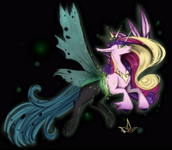 Size: 4000x3500 | Tagged: safe, artist:martazap3, princess cadance, queen chrysalis, alicorn, changeling, changeling queen, pegasus, pony, unicorn, dark background, dark magic, female, horn, magic, solo, spoilers for another series, wings