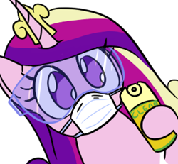 Size: 303x280 | Tagged: safe, artist:jargon scott, princess cadance, alicorn, pony, bye anon, coronavirus, covid-19, disinfectant spray, face mask, female, hi anon, looking at you, mare, meme, safety goggles, simple background, solo, spray can, white background