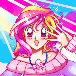 Size: 1000x1000 | Tagged: safe, artist:lelittleluna, princess cadance, human, anime, blushing, bust, clothes, cute, cutedance, female, humanized, jewelry, looking at you, necklace, off shoulder, off shoulder sweater, open mouth, sailor moon, solo, sweater