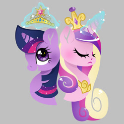 Size: 1000x1000 | Tagged: safe, artist:princess-ni-ni, princess cadance, twilight sparkle, alicorn, pony, big crown thingy, bust, crown, duo, element of magic, eyes closed, female, gray background, jewelry, magic, mare, open mouth, portrait, profile, regalia, simple background, telekinesis