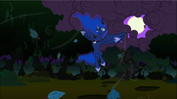 Size: 1669x938 | Tagged: safe, screencap, princess luna, alicorn, pony, luna eclipsed, cloud, ethereal mane, everfree forest, female, flying, mare, moon, pose, solo, spread wings, starry mane, storm, weather control, wind, wings