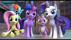 Size: 3840x2160 | Tagged: dead source, safe, artist:udacom, fluttershy, rainbow dash, rarity, spike, twilight sparkle, dragon, pegasus, pony, unicorn, 3d, looking at you, smiling, source filmmaker