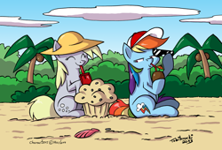 Size: 1250x848 | Tagged: safe, artist:tobibrocki, derpy hooves, rainbow dash, pegasus, pony, beach, female, mare, muffin