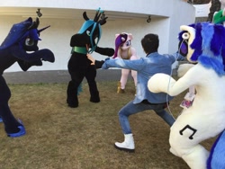 Size: 960x720 | Tagged: safe, artist:kolshica, artist:luna_b_, artist:shiragi, dj pon-3, princess cadance, princess luna, queen chrysalis, vinyl scratch, human, clothes, cosplay, costume, fursuit, irl, irl human, photo, prattkeeping