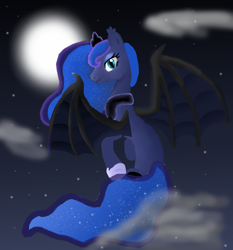 Size: 1000x1075 | Tagged: safe, artist:mr100dragon100, princess luna, alicorn, bat pony, bat pony alicorn, pony, bat ponified, cloud, cuffs (clothes), ethereal mane, full moon, lunabat, moon, night, race swap, sitting on cloud, starry mane, stars