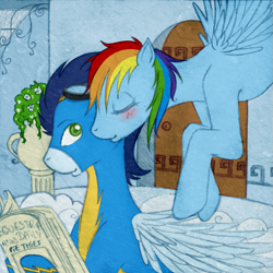 Size: 937x936 | Tagged: safe, artist:tinuleaf, rainbow dash, soarin', pegasus, pony, blushing, eyes closed, female, male, newspaper, shipping, soarindash, straight