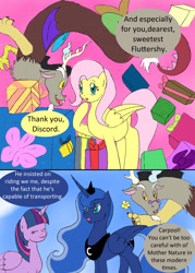 Size: 1000x1397 | Tagged: safe, artist:emilou1985, discord, fluttershy, princess luna, twilight sparkle, twilight sparkle (alicorn), alicorn, pegasus, pony, comic:signs, present