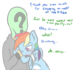 Size: 631x595 | Tagged: safe, artist:mostazathy, rainbow dash, oc, oc:anon, human, pegasus, pony, bandage, blushing, clothes, cute, dashabetes, dialogue, female, human male, injured, love, male, mare, one eye closed, open mouth, simple background, tsunderainbow, tsundere, white background