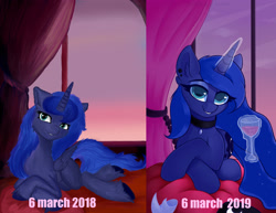 Size: 2761x2126 | Tagged: safe, artist:php97, princess luna, alicorn, pony, comparison, female, glass, looking at you, magic, mare, redraw, solo, wine glass