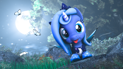 Size: 3840x2160 | Tagged: safe, artist:bonfirepng, princess luna, alicorn, butterfly, pony, 3d, :p, cloud, crown, cute, female, filly, hoof shoes, jewelry, looking at you, lunabetes, moon, night, peytral, regalia, silluna, silly, solo, source filmmaker, spread wings, tongue out, wings, woona, younger