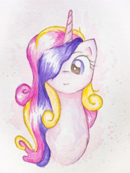Size: 3024x4032 | Tagged: safe, artist:papersurgery, princess cadance, alicorn, pony, bust, female, looking at you, mare, smiling, solo, traditional art, watercolor painting