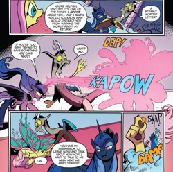 Size: 809x802 | Tagged: safe, artist:andypriceart, idw, cosmos (character), discord, fluttershy, princess luna, alicorn, pegasus, pony, spoiler:comic, spoiler:comic75, abuse, butterfly pony, butterfly wings, flutterbuse, possessed, transformation