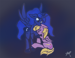 Size: 1928x1509 | Tagged: safe, artist:irdes, princess luna, oc, alicorn, pegasus, pony, blue background, comforting, duo, eyes closed, female, gradient background, hug, mare, simple background