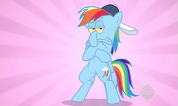 Size: 569x341 | Tagged: safe, rainbow dash, pegasus, pony, abstract background, backwards ballcap, baseball cap, bipedal, female, hat, hub logo, hug life, image macro, mare, meme, solo, spongebob squarepants, squidward tentacles, thug life, wat