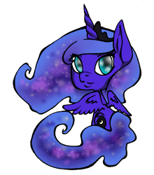 Size: 797x904 | Tagged: safe, artist:kittykatkay, princess luna, alicorn, pony, chibi, crown, cute, ethereal mane, female, jewelry, looking back, lunabetes, mare, regalia, simple background, solo, starry mane, white background