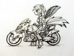 Size: 3264x2448 | Tagged: safe, artist:theonlycountfilth, rainbow dash, pegasus, pony, semi-anthro, amputee, augmented, female, mare, monochrome, motorcycle, profile, prosthetic limb, prosthetic wing, prosthetics, simple background, sitting, solo, spread wings, traditional art, white background, wings