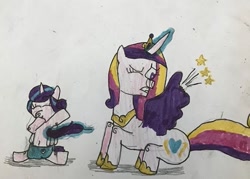 Size: 583x417 | Tagged: safe, artist:whistle blossom, princess cadance, princess flurry heart, alicorn, pony, baby, baby pony, clothes, crown, cute, dab, diaper, duo, duo female, female, filly, flurrybetes, foal, giggling, jewelry, magic, magic aura, mare, necklace, one eye closed, ouch, regalia, shoes, simple background, sitting, stars, tickling, traditional art, whistle blossom is trying to murder us, white background