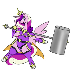 Size: 500x500 | Tagged: safe, artist:kushina13, princess cadance, alicorn, pony, armor, clothes, female, hammer, horn, leotard, mare, open mouth, profile, simple background, solo, white background, wings