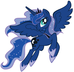 Size: 550x530 | Tagged: safe, princess luna, alicorn, pony, ethereal mane, female, flying, hoof shoes, jewelry, mare, official, official art, regalia, simple background, spread wings, starry mane, stock image, white background, wings