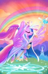 Size: 1920x2954 | Tagged: safe, artist:meekcheep, idw, princess cadance, alicorn, pony, legends of magic, spoiler:comic, spoiler:comiclom9, cloak, clothes, cloud, costume, crystal empire, crystal heart, eyes closed, female, flying, hoof hold, majestic, mare, rainbow, sky, solo, spread wings, staff, wings