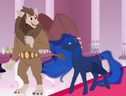 Size: 2500x1900 | Tagged: safe, artist:ezrett, princess luna, scorpan, alicorn, pony, bottle, scorluna