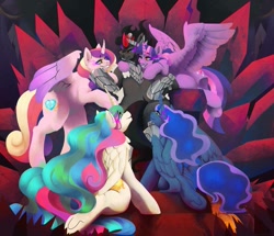 Size: 965x828 | Tagged: safe, artist:wynnchi, king sombra, princess cadance, princess celestia, princess luna, twilight sparkle, twilight sparkle (alicorn), alicorn, pony, unicorn, dark magic, female, harem, king sombra gets all the mares, magic, male, mare, mind control, sombra eyes, straight, throne, throne room