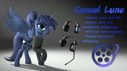 Size: 1191x670 | Tagged: safe, artist:jacob-lhh3, princess luna, alicorn, pony, 3d, clothes, downloadable, headset, hoodie, ponytail, source filmmaker, wings