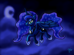 Size: 4000x3000 | Tagged: safe, artist:dandy, princess luna, alicorn, pony, female, flying, lidded eyes, mare, moon, night, simple background, sky, smiling, solo