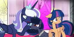 Size: 1280x650 | Tagged: safe, artist:xxmaikhanhflarexx, princess luna, oc, oc:galaxy nova, oc:moonlight (xxmaikhanhflarexx), alicorn, pegasus, pony, alternate design, broken horn, female, horn, mare, offspring, parent:flash sentry, parent:king sombra, parent:princess luna, parent:twilight sparkle, parents:flashlight, parents:lumbra