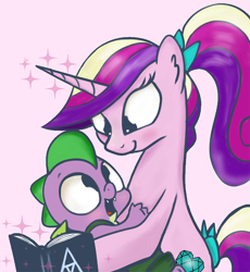 Size: 780x848 | Tagged: safe, artist:mamatwilightsparkle, princess cadance, spike, alicorn, dragon, pony, unicorn, baby, baby spike, clothes, duo, female, male, mama twilight sparkle, overalls, tumblr, younger