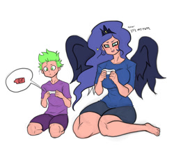 Size: 1393x1169 | Tagged: safe, artist:franschesco, princess luna, spike, human, alicorn humanization, breasts, console, dead battery, gamer luna, horned humanization, humanized, princess balloona, winged humanization, wings