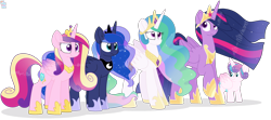 Size: 3500x1560 | Tagged: safe, artist:rainbow eevee, princess cadance, princess celestia, princess flurry heart, princess luna, princess twilight 2.0, twilight sparkle, twilight sparkle (alicorn), alicorn, pony, the last problem, baby, crown, female, folded wings, grin, jewelry, lidded eyes, older, older twilight, raised hoof, regalia, simple background, size comparison, size difference, smiling, smirk, transparent background, wings