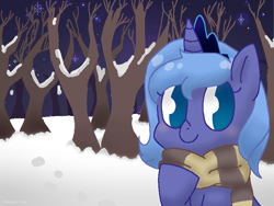 Size: 800x600 | Tagged: safe, artist:otakunekojosei, princess luna, alicorn, pony, bust, clothes, crown, cute, female, filly, jewelry, lunabetes, night, no pupils, portrait, regalia, scarf, snow, solo, stars, tree, winter, woona, younger