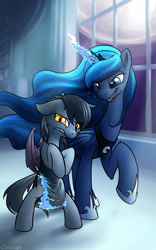 Size: 1200x1928 | Tagged: safe, artist:conicer, princess luna, oc, oc:lethe, bat pony, pony, clothes, dress, duo, jewelry, moon, night, night guard, regalia