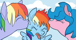 Size: 797x422 | Tagged: safe, artist:comickit, firefly, rainbow blaze, rainbow dash, pegasus, pony, g1, g4, eyes closed, family, female, filly, fireblaze, firefly as rainbow dash's mom, foal, g1 to g4, generation leap, kiss on the cheek, kiss sandwich, kissing, male, mare, parent, stallion, tongue out, younger